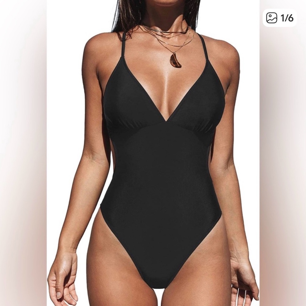 Cupshe Black Deep V One-Piece Swimsuit